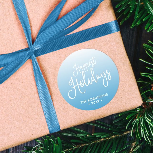Blue Script Happiest Holidays Holiday Classic Round Sticker (Creator Uploaded)