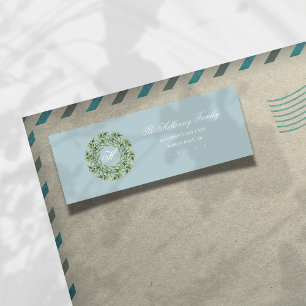 Blue Script Monogram Wreath Holiday Return Address Return Address Label