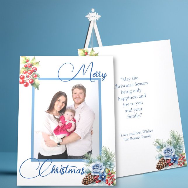 Blue Script on White & Berries Christmas Greeting Holiday Card (Creator Uploaded)