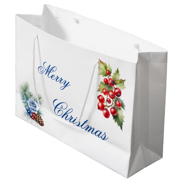 Blue Script on White Holly Berries Merry Christmas Large Gift Bag (Front Angled)