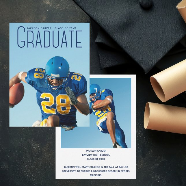Blue Script Overlay Graduate Photo Football Player Announcement (Creator Uploaded)