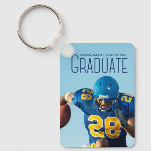 Blue Script Overlay Graduate Photo Football Player Key Ring