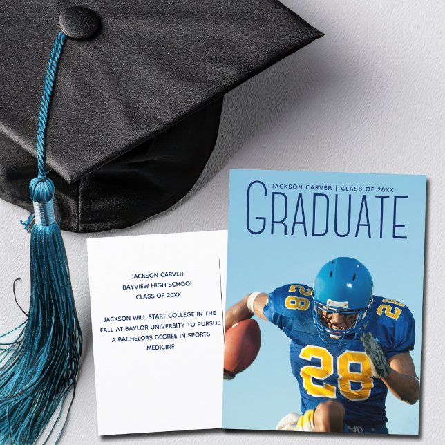 Blue Script Overlay Graduate Photo Football Player Postcard (Creator Uploaded)