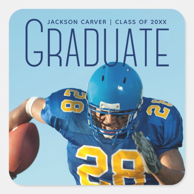 Blue Script Overlay Graduate Photo Football Player Square Sticker (Front)