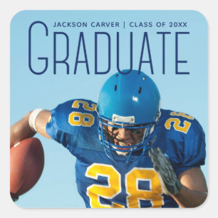 Blue Script Overlay Graduate Photo Football Player Square Sticker