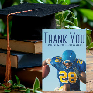 Blue Script Overlay Graduate Photo Football Player Thank You Card
