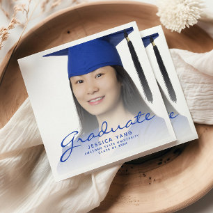 Blue Script Photo Graduation Party Napkin