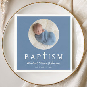 Blue Script Religious Cross Baptism Photo Napkin