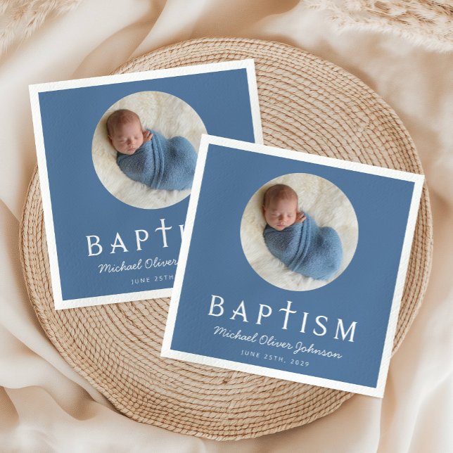 Blue Script Religious Cross Baptism Photo Napkin (Blue Script Religious Cross Baptism Photo Napkins)