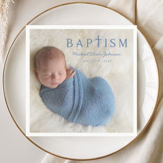 Blue Script Religious Cross Boy Baptism Photo Napkin (Modern Photo Religious Cross Boy Baptism Napkins)