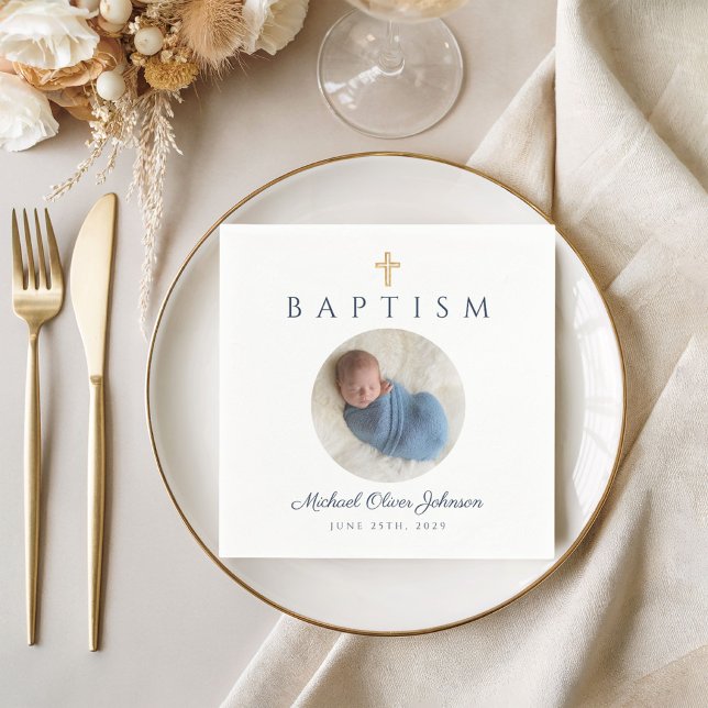 Blue Script Religious Cross Boy Baptism Photo  Napkin (Blue Script Religious Cross Boy Baptism Photo Napkins
)