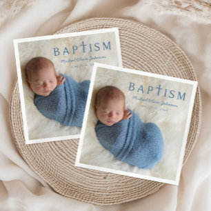 Blue Script Religious Cross Boy Baptism Photo Napkin
