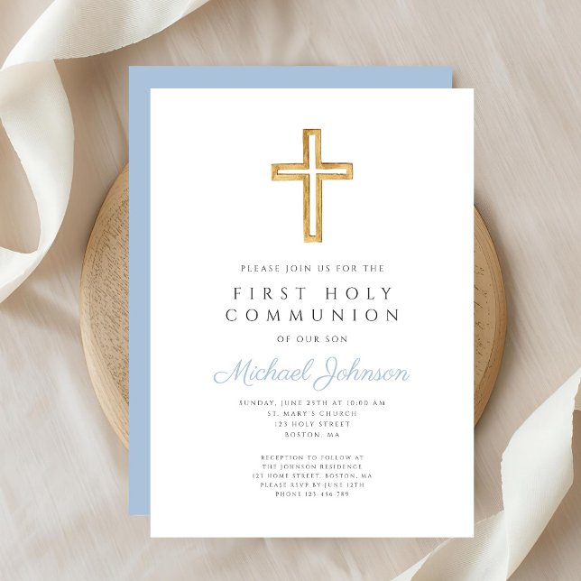 Blue Script Religious Cross Boy First Communion Invitation (Blue Script Religious Cross Boy First Communion Invitation)