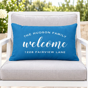 Blue Script Welcome Monogram Porch Lumbar Cushion