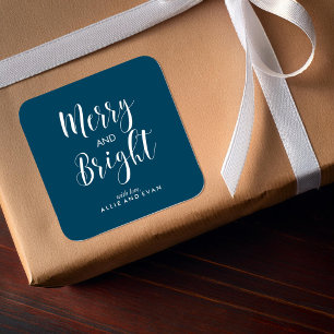 Blue Scripted Merry and Bright Square Sticker
