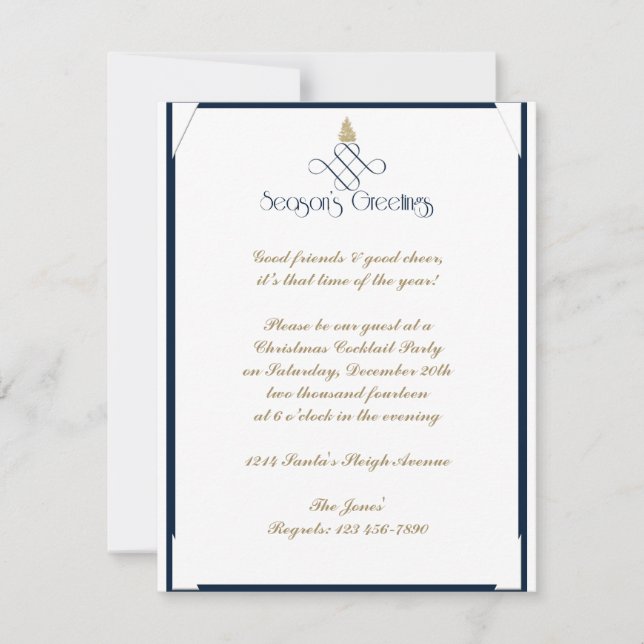 Blue Scroll with Small Gold Christmas Tree Invitation (Front)