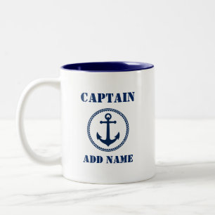 Blue Sea Anchor Captain Add Name or Boat Name sa0a Two-Tone Coffee Mug