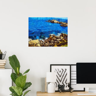 Blue sea and rocky shore Van Gogh style Poster