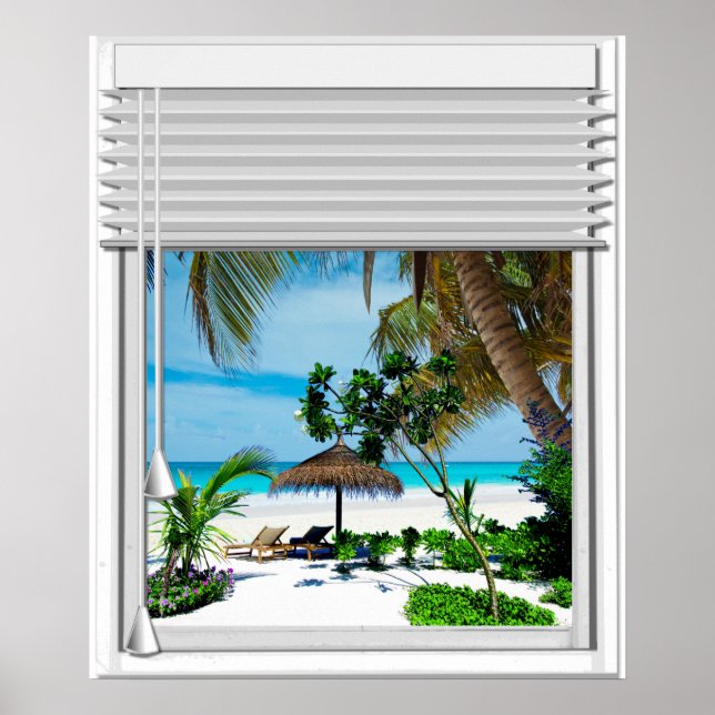 Blue Sea Beach View Fake Window With Blinds Poster (Front)