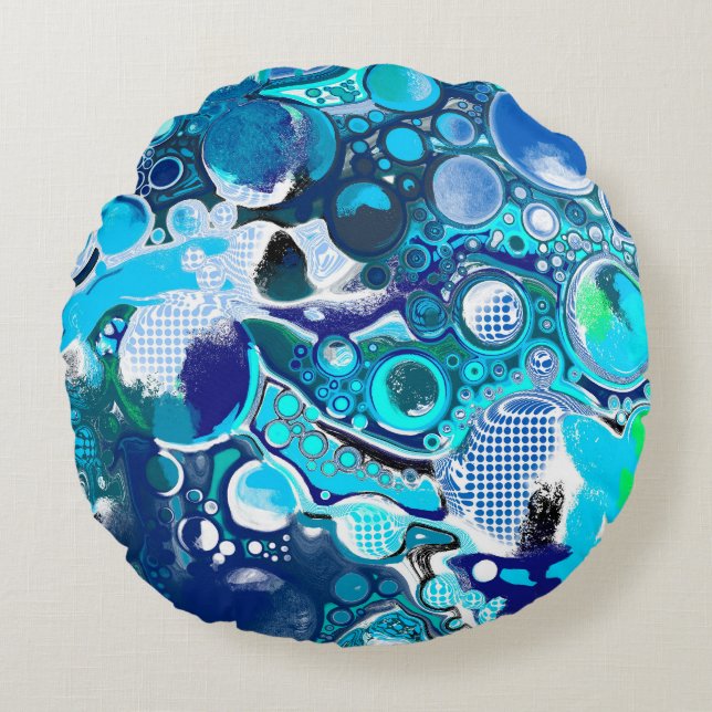 Blue Sea Bubbles Abstract Art Round Cushion (Front)