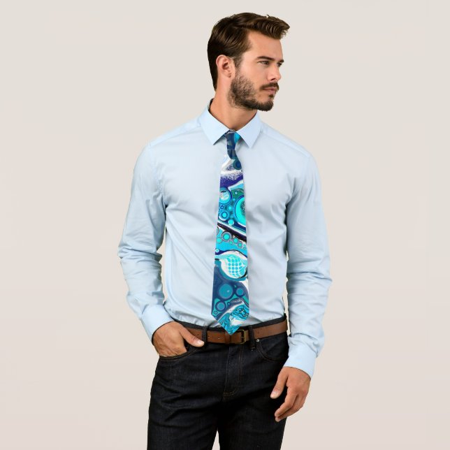 Blue Sea Bubbles Abstract Art Tie (In Situ)