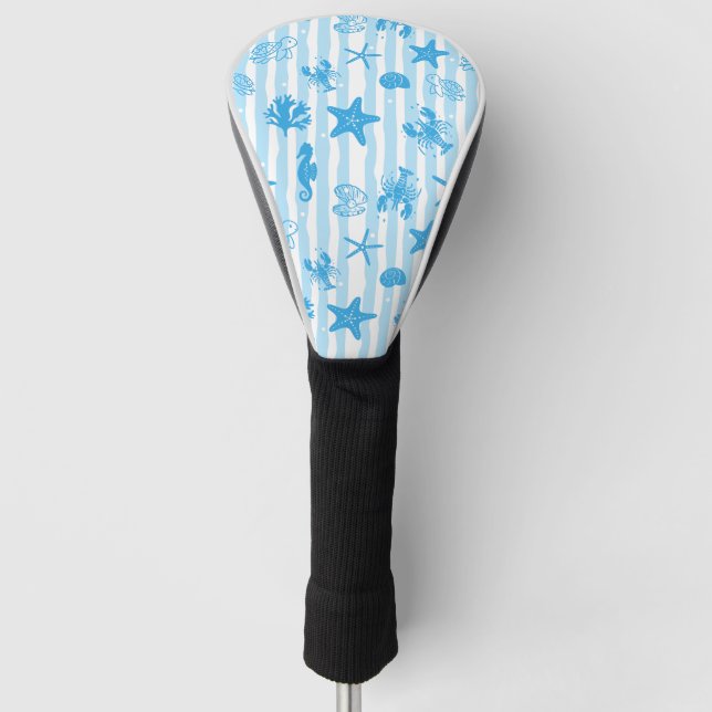 Blue Sea Creatures Nautical Doodle Pattern Golf Head Cover (Front)