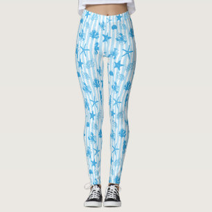 Blue Sea Creatures Nautical Doodle Pattern Leggings