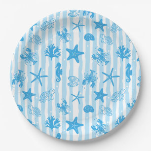 Blue Sea Creatures Nautical Doodle Pattern Paper Plate