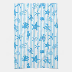 Blue Sea Creatures Nautical Doodle Pattern Tea Towel