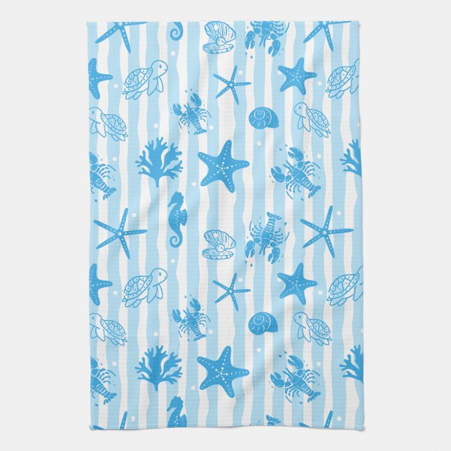 Blue Sea Creatures Nautical Doodle Pattern Tea Towel (Vertical)