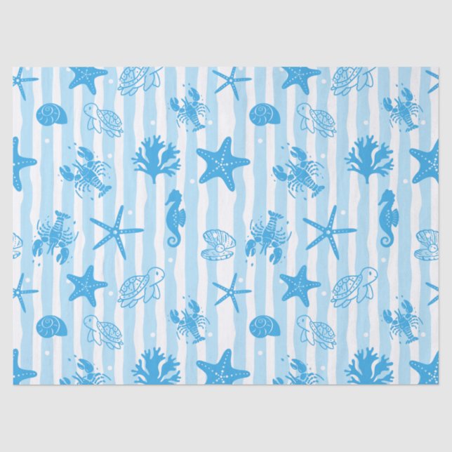 Blue Sea Creatures Nautical Doodle Pattern Tissue Paper (Front)