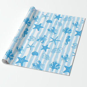 Blue Sea Creatures Nautical Doodle Pattern Wrapping Paper