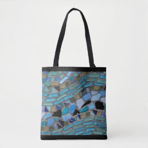 Blue Sea Glass Mosaic Black Tote Bag