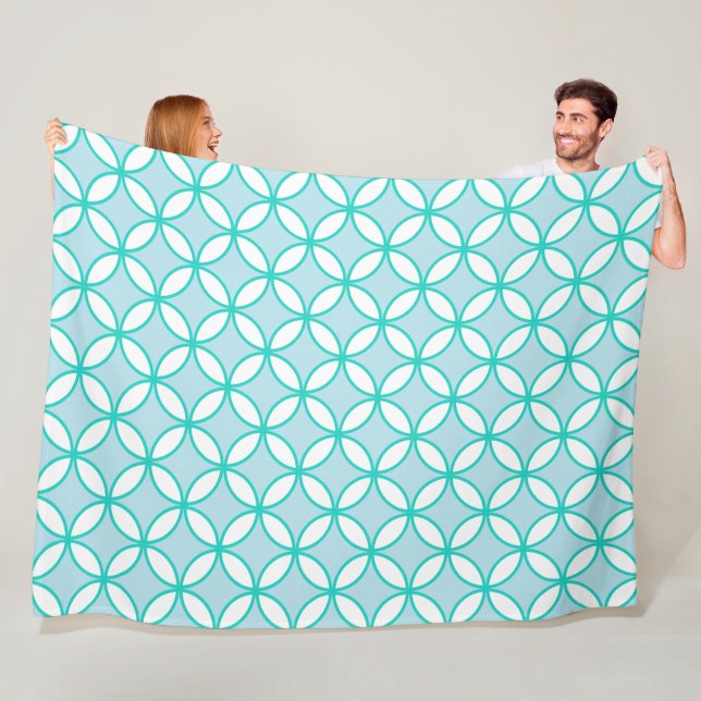 Blue, sea green and white petals circles diamonds fleece blanket (In Situ)