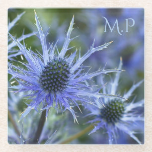 Blue Sea Holly Thistle Monogram Glass Coaster