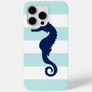 Blue Sea Horse on Mint Stripes iPhone 15 Pro Max Case