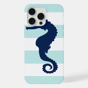 Blue Sea Horse on Mint Stripes iPhone 15 Pro Max Case