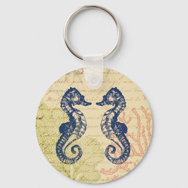 Blue Sea Horses Collage Key Ring (Front)