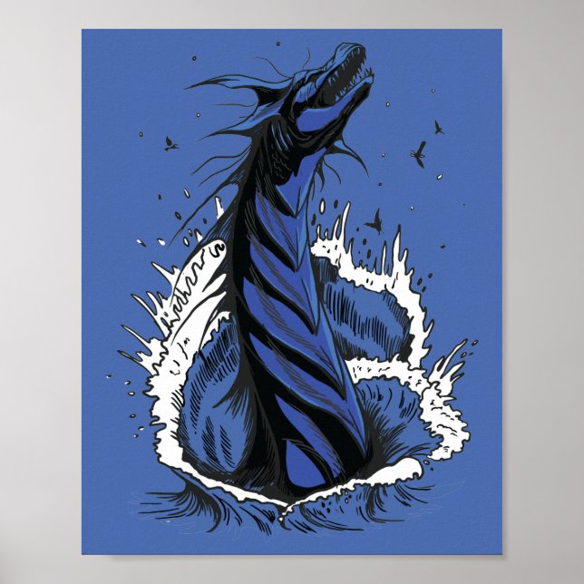 Blue Sea Monster Serpent Ocean Waves Poster (Front)
