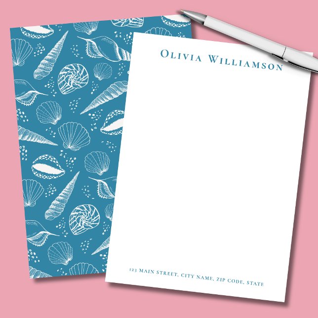 Blue Sea Shell Coastal Card (Teal blue and white seashell personalized stationery note cards in portrait format)