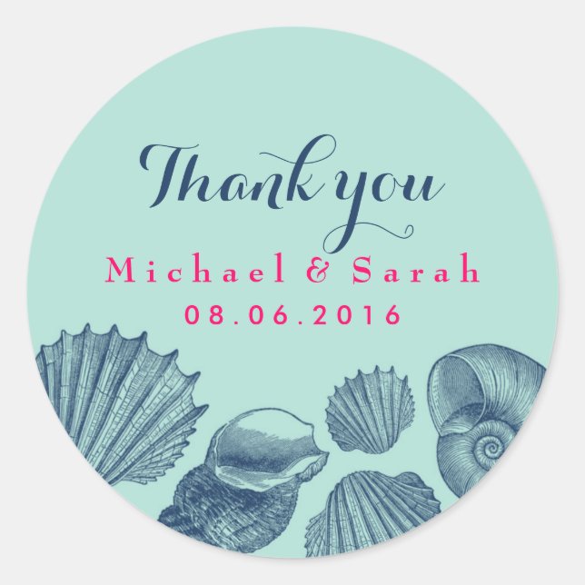 Blue Sea shells Beach Wedding Thank You Sticker (Front)
