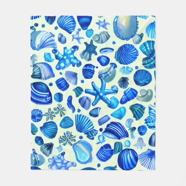Blue Sea Shells Ocean Pattern Fleece Blanket (Front)