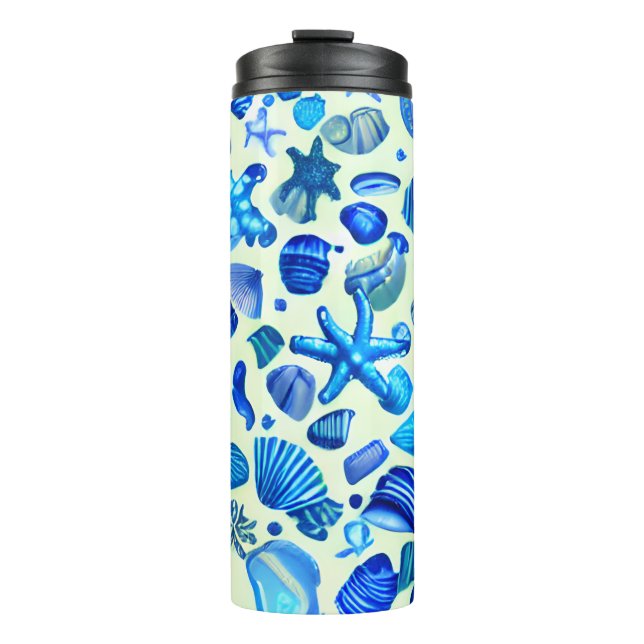 Blue Sea Shells Ocean Pattern Thermal Tumbler (Front)