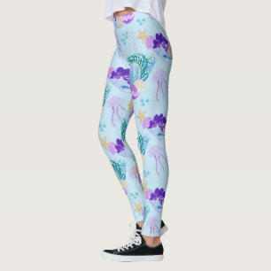 Blue Sea Snail Shell Seashells Starfish Jellyfish Leggings