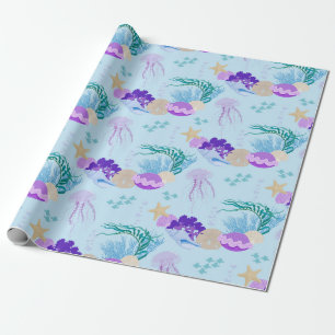 Blue Sea Snail Shell Seashells Starfish Jellyfish Wrapping Paper