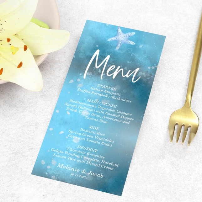 Blue Sea Summer Wedding Flat Menu Card (Creator Uploaded)