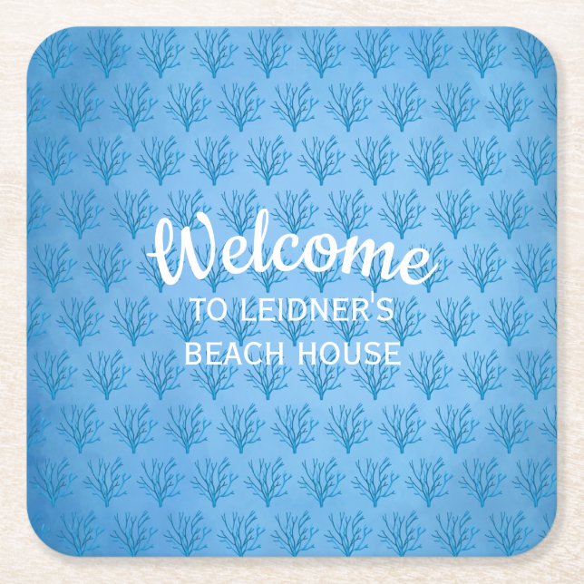 Blue sea tree corals pattern on blue background square paper coaster (Front)