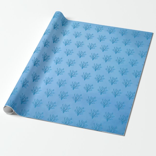Blue sea tree corals pattern on blue background wrapping paper (Unrolled)