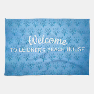 Blue sea tree corals pattern on blue tea towel