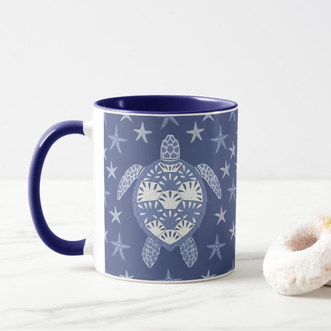 Blue Sea Turtle and Starfish Pattern Mug (With Donut)